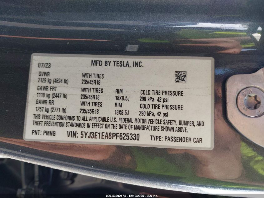 2023 Tesla Model 3 Rear-Wheel Drive VIN: 5YJ3E1EA8PF625330 Lot: 43992174