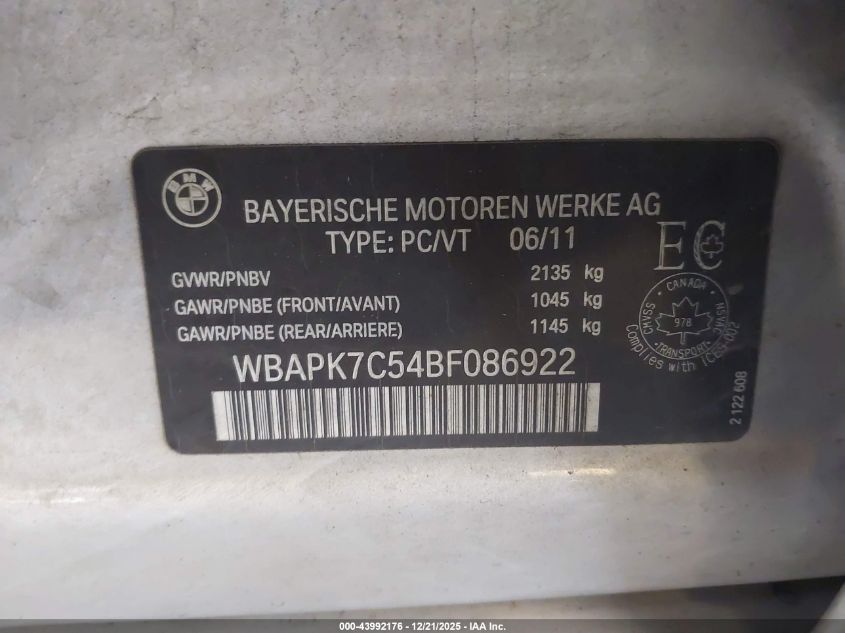 2011 BMW 328I xDrive VIN: WBAPK7C54BF086922 Lot: 43992176