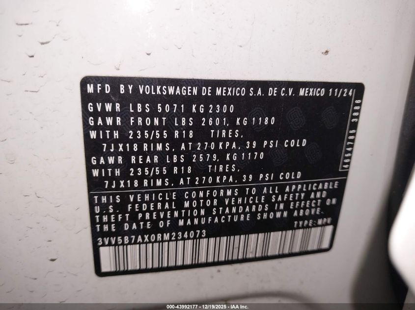 2024 Volkswagen Tiguan 2.0T Wolfsburg Edition VIN: 3VV5B7AX0RM234073 Lot: 43992177