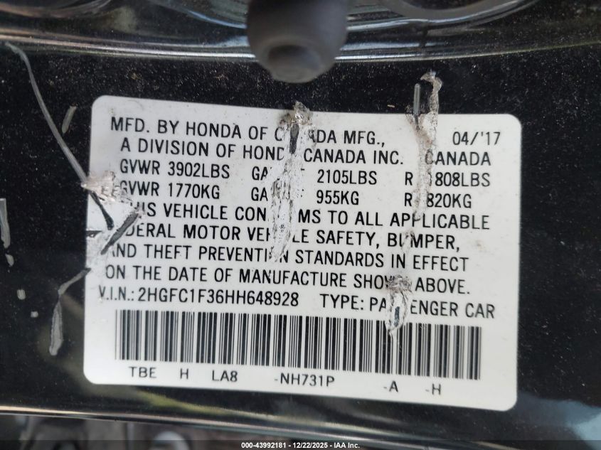 2017 Honda Civic Ex-T VIN: 2HGFC1F36HH648928 Lot: 43992181
