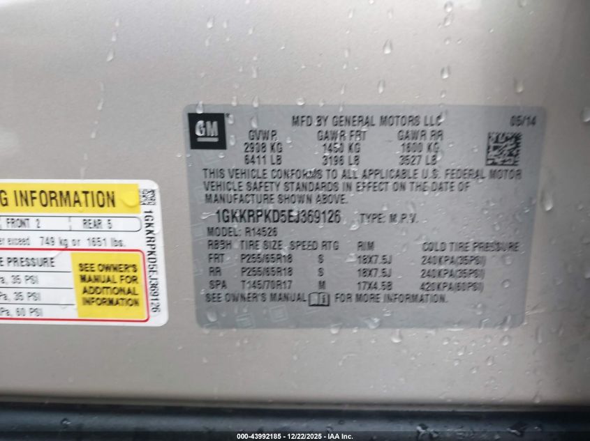 2014 GMC Acadia Sle-2 VIN: 1GKKRPKD5EJ369126 Lot: 43992185