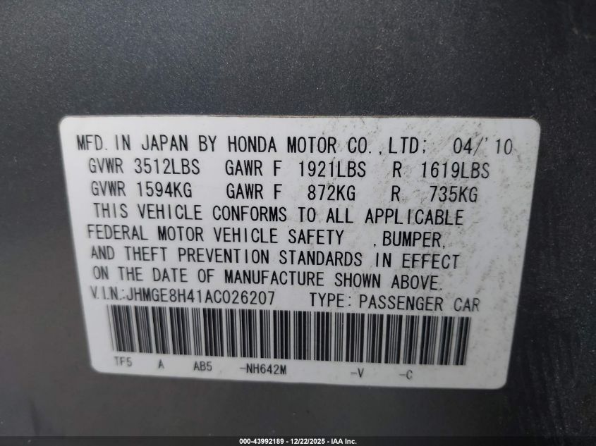 2010 Honda Fit Sport VIN: JHMGE8H41AC026207 Lot: 43992189