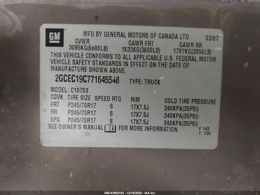 2007 Chevrolet Silverado 1500 Lt1 VIN: 2GCEC19C771645548 Lot: 43992192