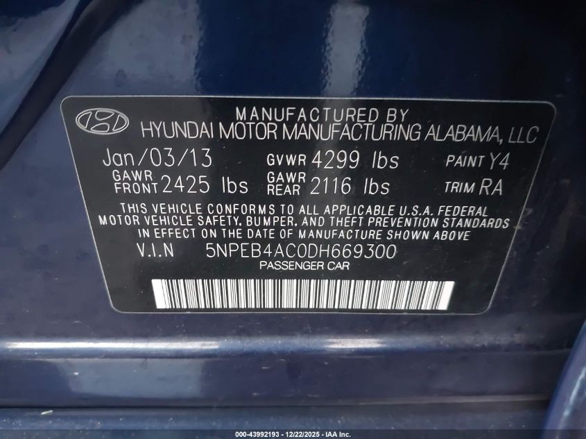 2013 Hyundai Sonata Gls VIN: 5NPEB4AC0DH669300 Lot: 43992193