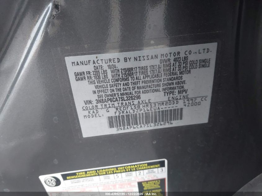 2025 Nissan Kicks Sv Fwd VIN: 3N8AP6CA7SL326296 Lot: 43992195