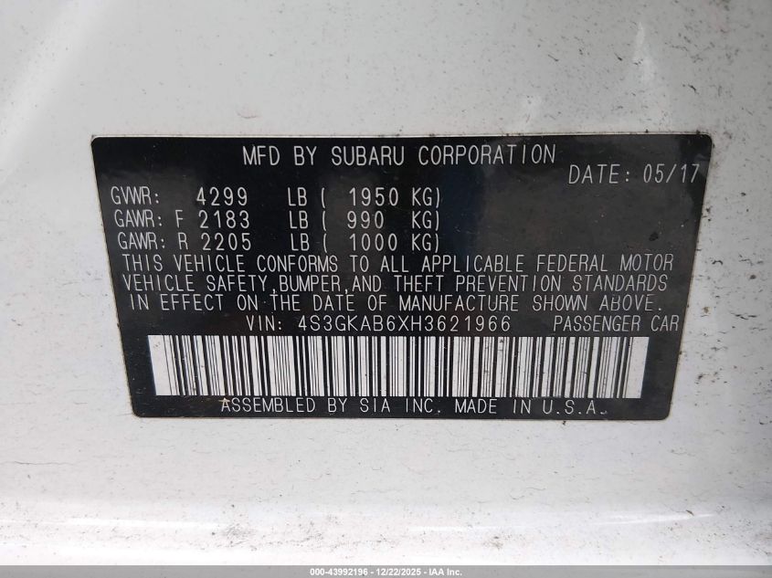 2017 Subaru Impreza 2.0I Premium VIN: 4S3GKAB6XH3621966 Lot: 43992196