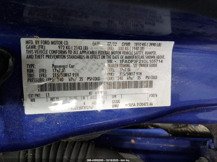 2013 Ford Focus Se VIN: 1FADP3F21DL105714 Lot: 43992205