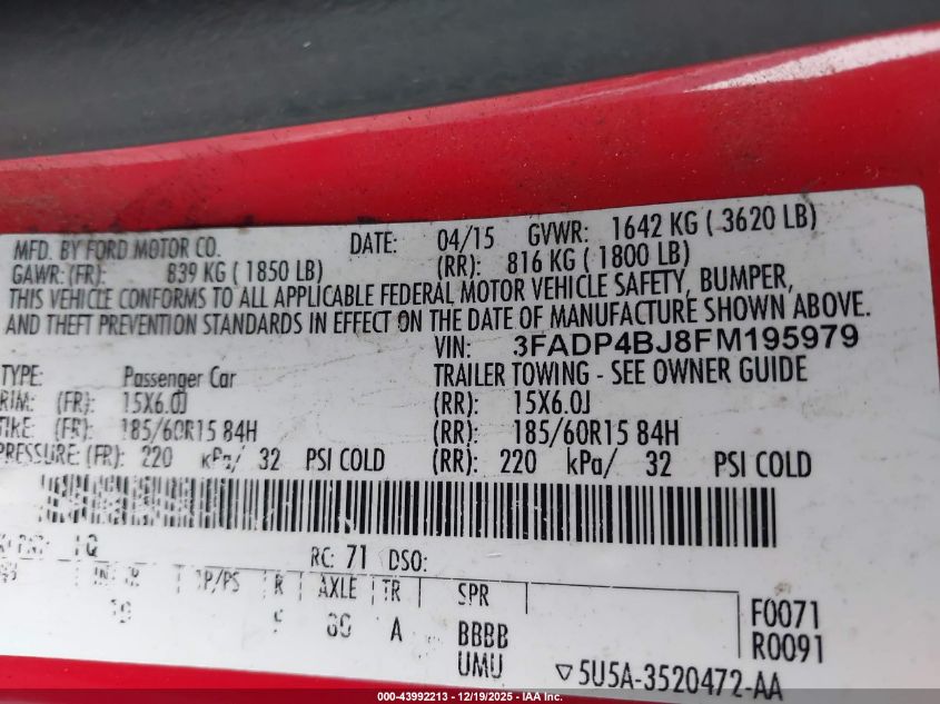 2015 Ford Fiesta Se VIN: 3FADP4BJ8FM195979 Lot: 43992213