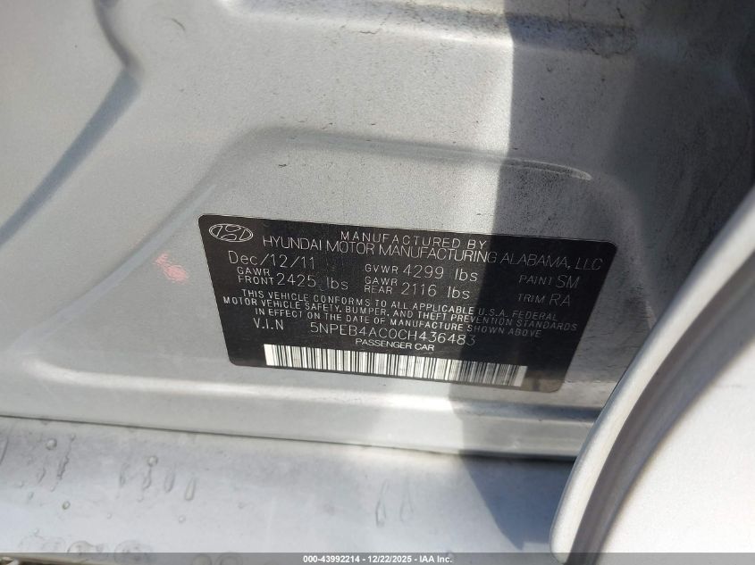 2012 Hyundai Sonata Gls VIN: 5NPEB4AC0CH436483 Lot: 43992214