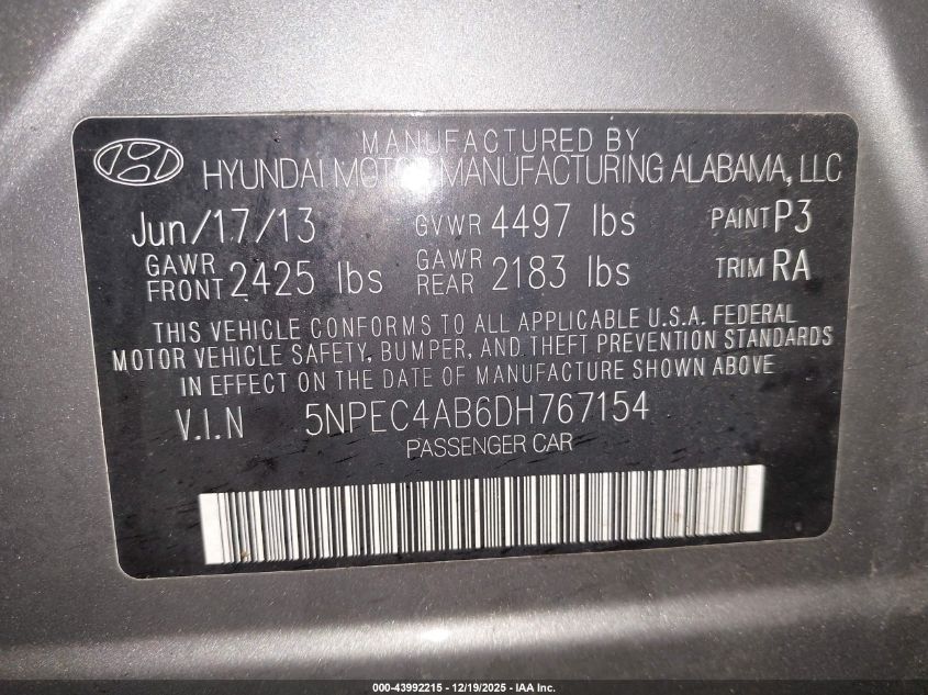 2013 Hyundai Sonata Se 2.0T VIN: 5NPEC4AB6DH767154 Lot: 43992215