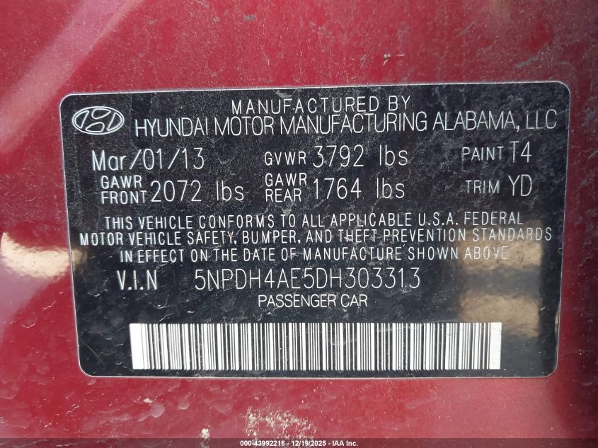 2013 Hyundai Elantra Gls VIN: 5NPDH4AE5DH303313 Lot: 43992216