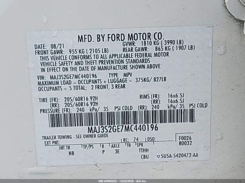 2021 Ford Ecosport Se VIN: MAJ3S2GE7MC440196 Lot: 43992232