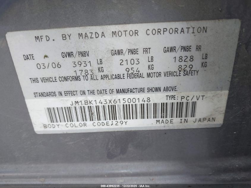 2006 Mazda Mazda3 S/S Grand Touring/S Touring VIN: JM1BK143X61500148 Lot: 43992235