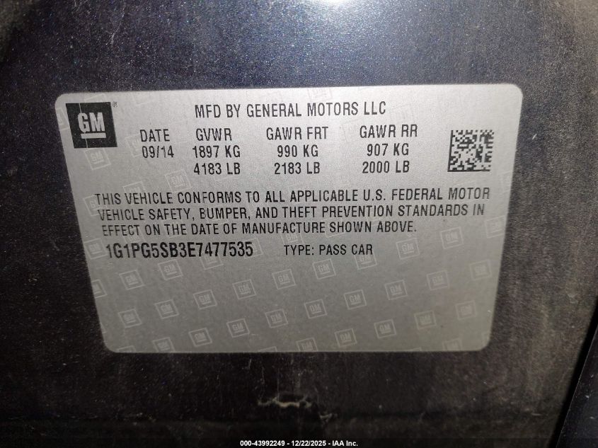 2014 Chevrolet Cruze Ltz VIN: 1G1PG5SB3E7477535 Lot: 43992249