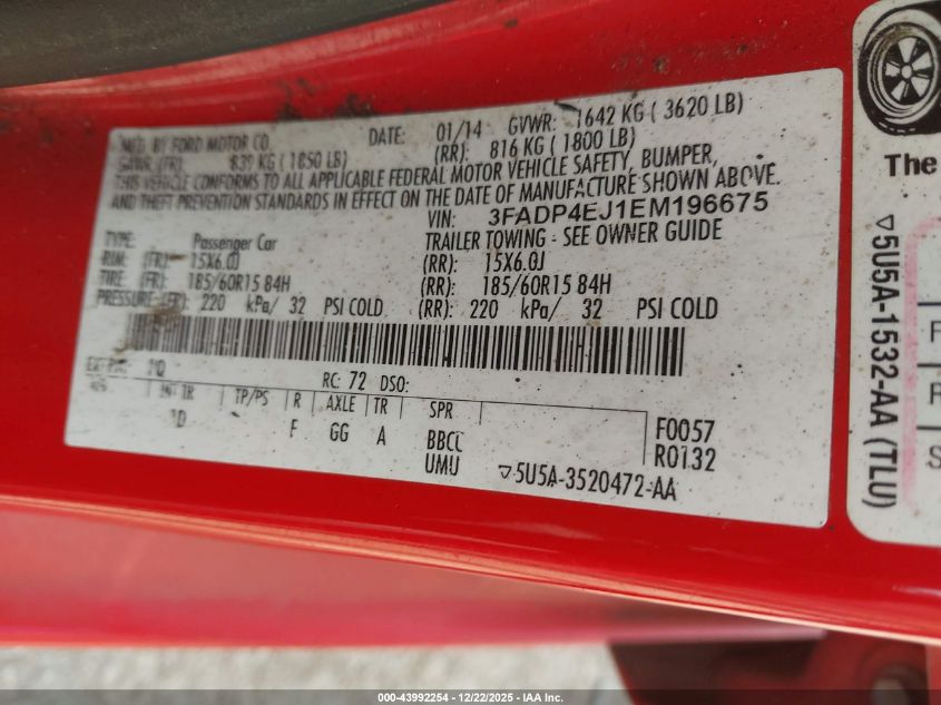 2014 Ford Fiesta Se VIN: 3FADP4EJ1EM196675 Lot: 43992254