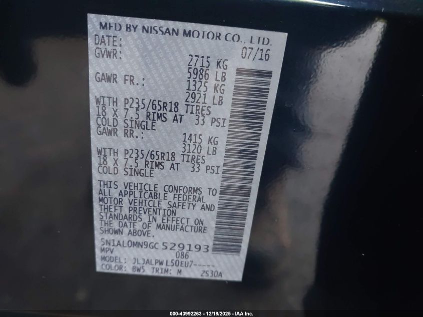 2016 Infiniti Qx60 VIN: 5N1AL0MN9GC529193 Lot: 43992263