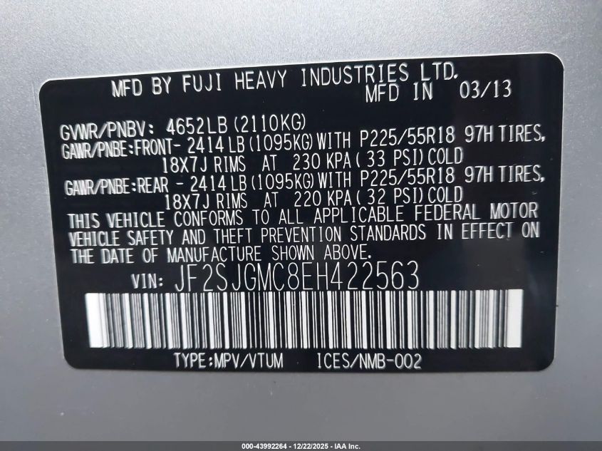 2014 Subaru Forester 2.0Xt Touring VIN: JF2SJGMC8EH422563 Lot: 43992264