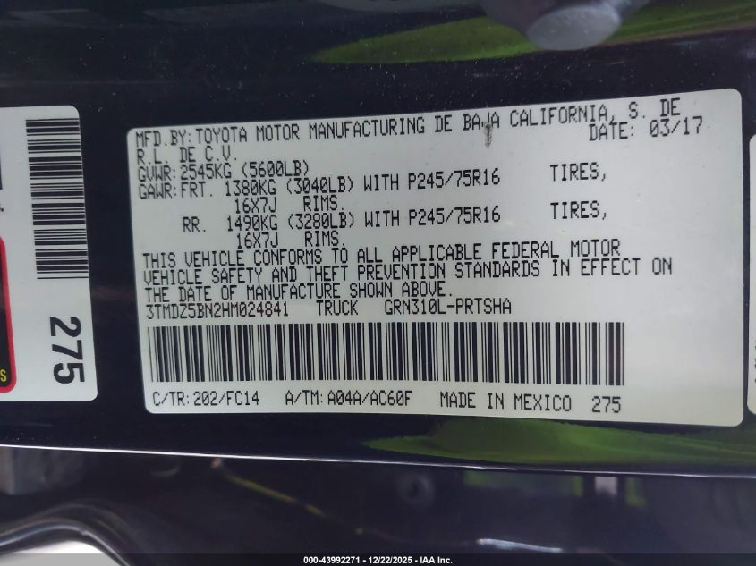 2017 Toyota Tacoma Sr5 V6 VIN: 3TMDZ5BN2HM024841 Lot: 43992271