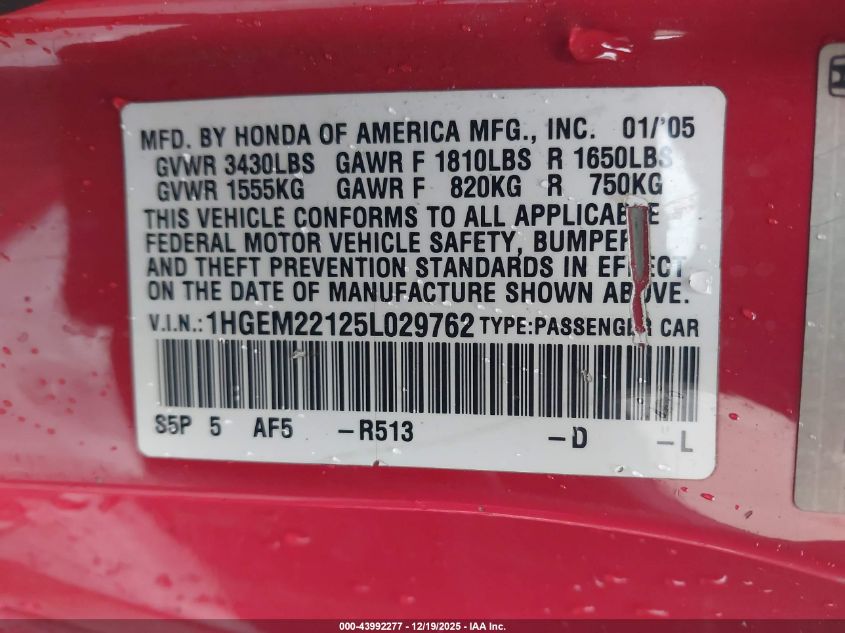 2005 Honda Civic Vp VIN: 1HGEM22125L029762 Lot: 43992277