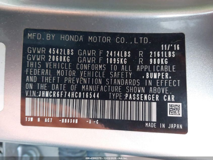 2017 Honda Accord Hybrid Touring VIN: JHMCR6F74HC016544 Lot: 43992279