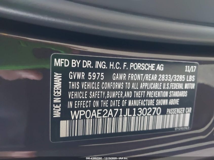 2018 Porsche Panamera E-Hybrid 4 VIN: WP0AE2A71JL130270 Lot: 43992280