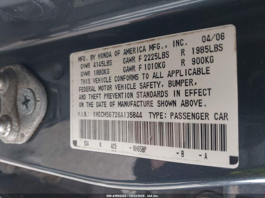 2006 Honda Accord 2.4 Ex VIN: 1HGCM56726A135844 Lot: 43992282