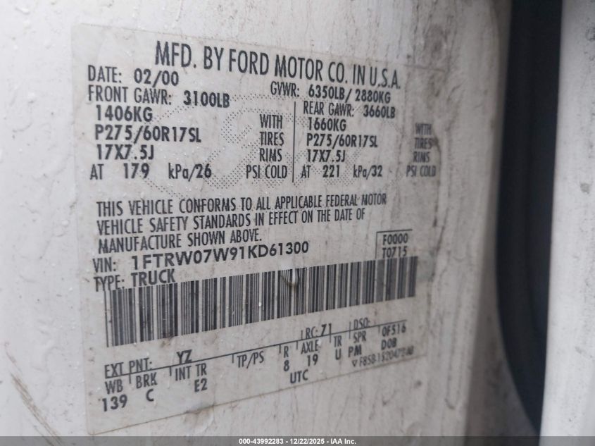 2001 Ford F-150 Harley-Davidson Edition/King Ranch Edition/Lariat/Xlt VIN: 1FTRW07W91KD61300 Lot: 43992283