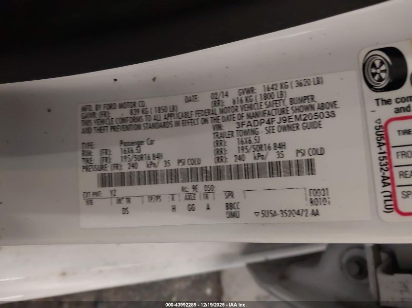 2014 Ford Fiesta Titanium VIN: 3FADP4FJ9EM205038 Lot: 43992289