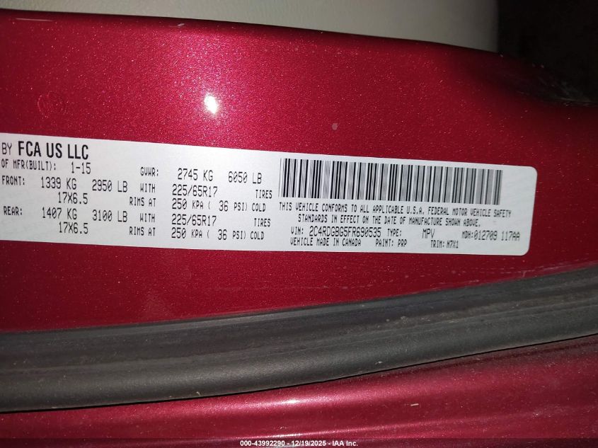 2015 Dodge Grand Caravan Se Plus VIN: 2C4RDGBG5FR690535 Lot: 43992290