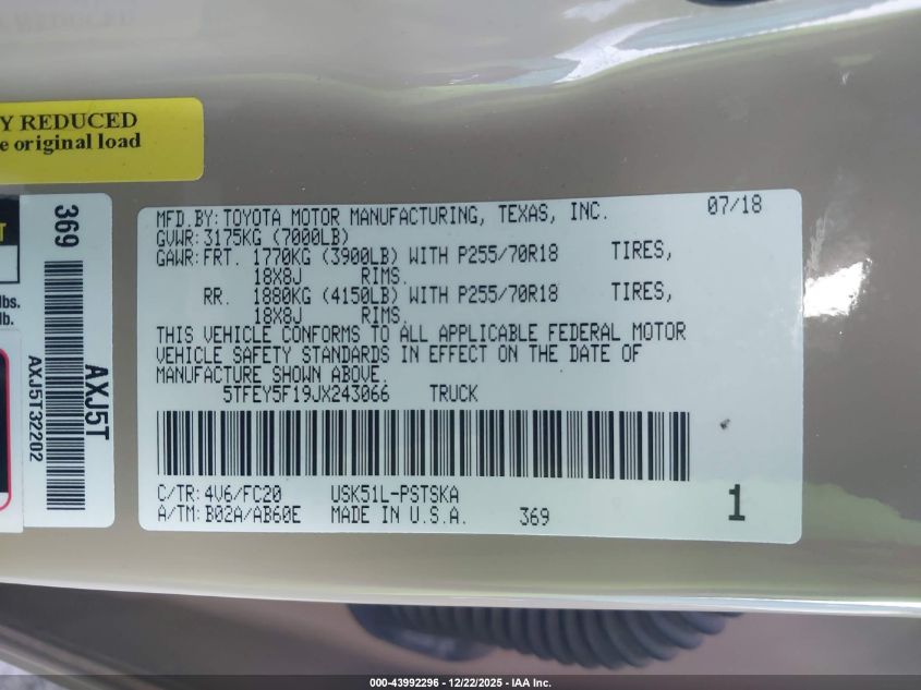 2018 Toyota Tundra Sr5 5.7L V8 VIN: 5TFEY5F19JX243066 Lot: 43992296
