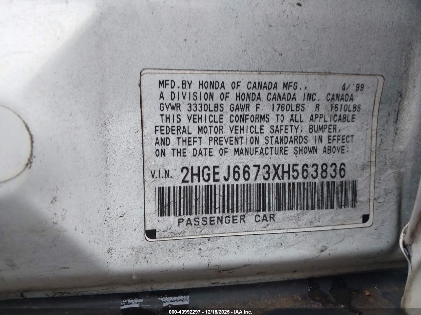 1999 Honda Civic Lx VIN: 2HGEJ6673XH563836 Lot: 43992297