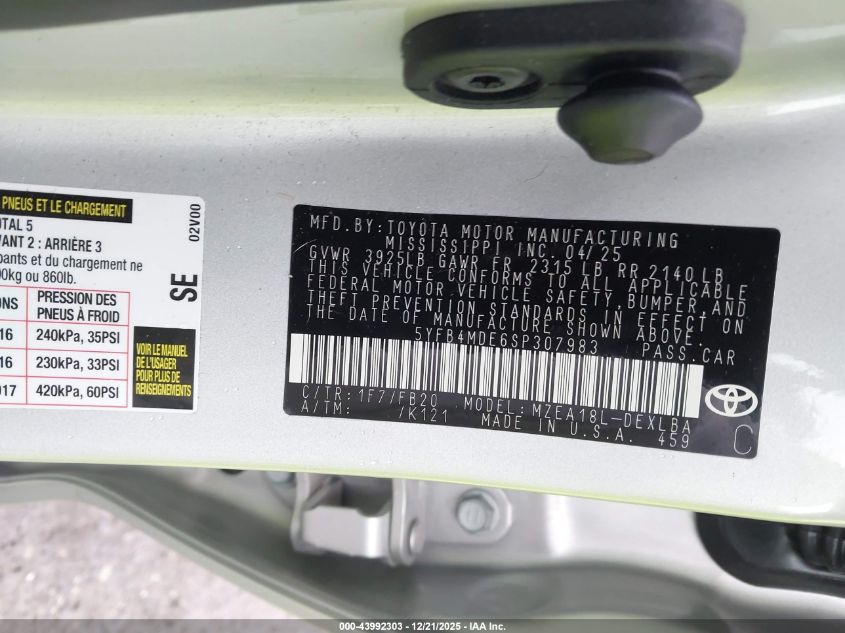 2025 Toyota Corolla Le VIN: 5YFB4MDE6SP307983 Lot: 43992303