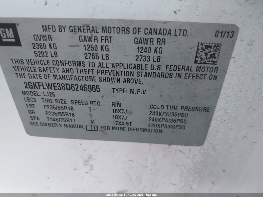 2013 GMC Terrain Slt VIN: 2GKFLWE38D6246965 Lot: 43992311