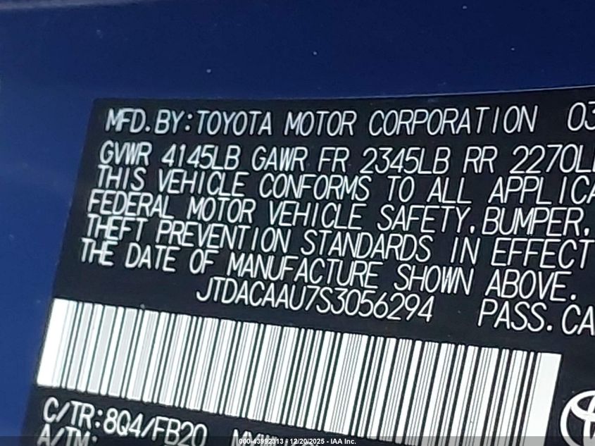 2025 Toyota Prius Le VIN: JTDACAAU7S3056294 Lot: 43992313