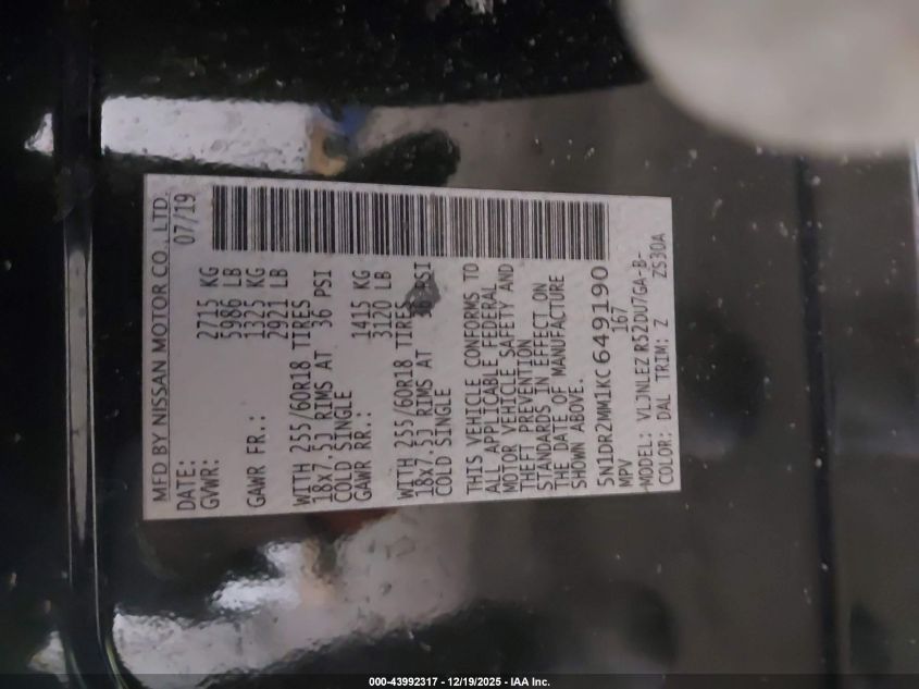 2019 Nissan Pathfinder Sv VIN: 5N1DR2MM1KC649190 Lot: 43992317