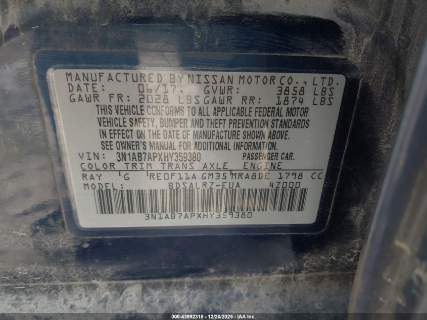 2017 Nissan Sentra Sr VIN: 3N1AB7APXHY359380 Lot: 43992318