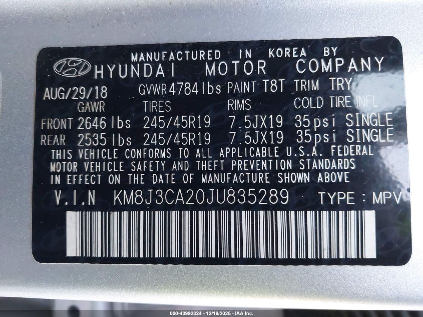 2018 Hyundai Tucson Limited VIN: KM8J3CA20JU835289 Lot: 43992324