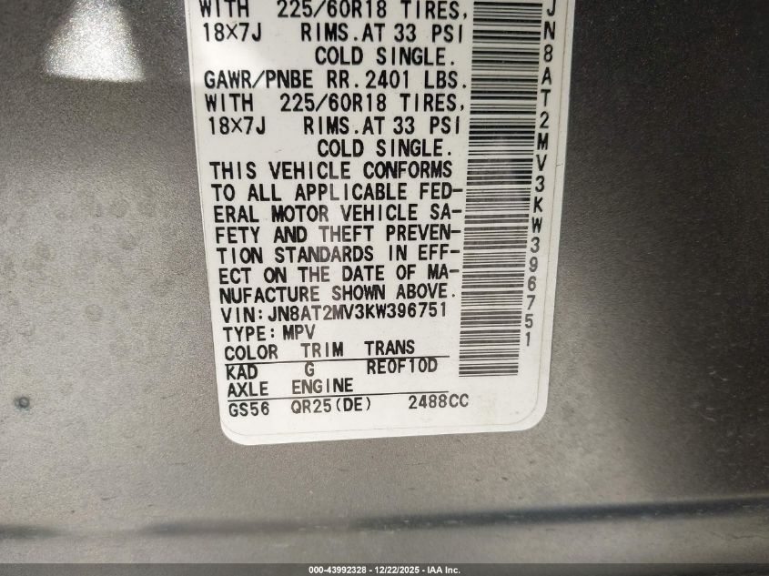 2019 Nissan Rogue Sv VIN: JN8AT2MV3KW396751 Lot: 43992328