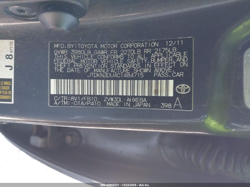 2012 Toyota Prius Two VIN: JTDKN3DU4C1484715 Lot: 43992331