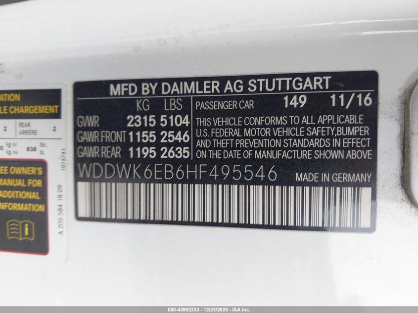VIN WDDWK6EB6HF495546 2017 MERCEDES-BENZ AMG C 43 4MATIC