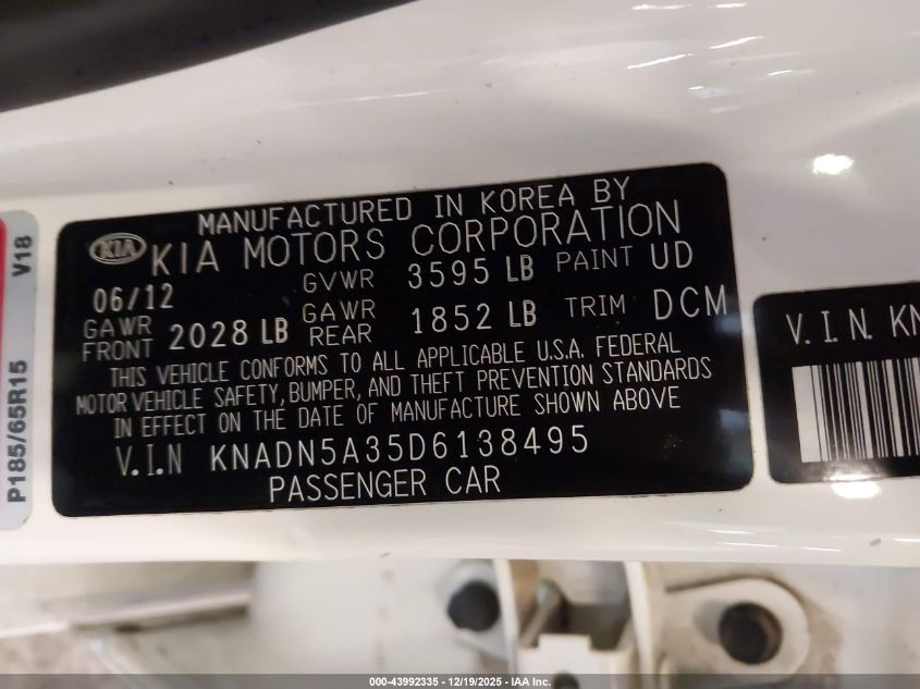 2013 Kia Rio Ex VIN: KNADN5A35D6138495 Lot: 43992335