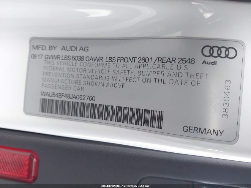 2018 Audi S4 3.0T Premium Plus VIN: WAUB4BF48JA062760 Lot: 43992336