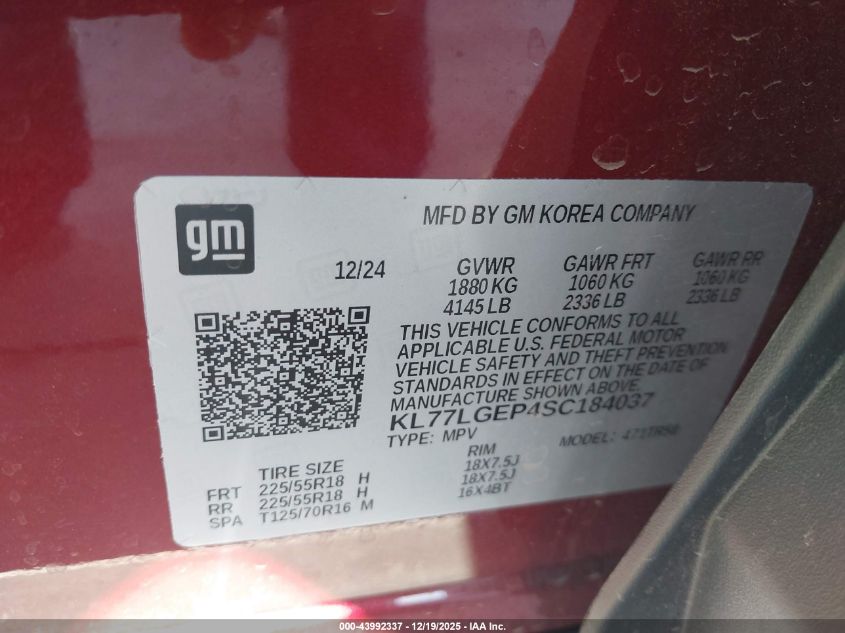 2025 Chevrolet Trax Fwd 1Rs VIN: KL77LGEP4SC184037 Lot: 43992337