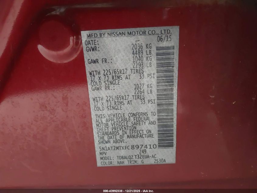 2015 Nissan Rogue Sv VIN: 5N1AT2MTXFC897410 Lot: 43992338