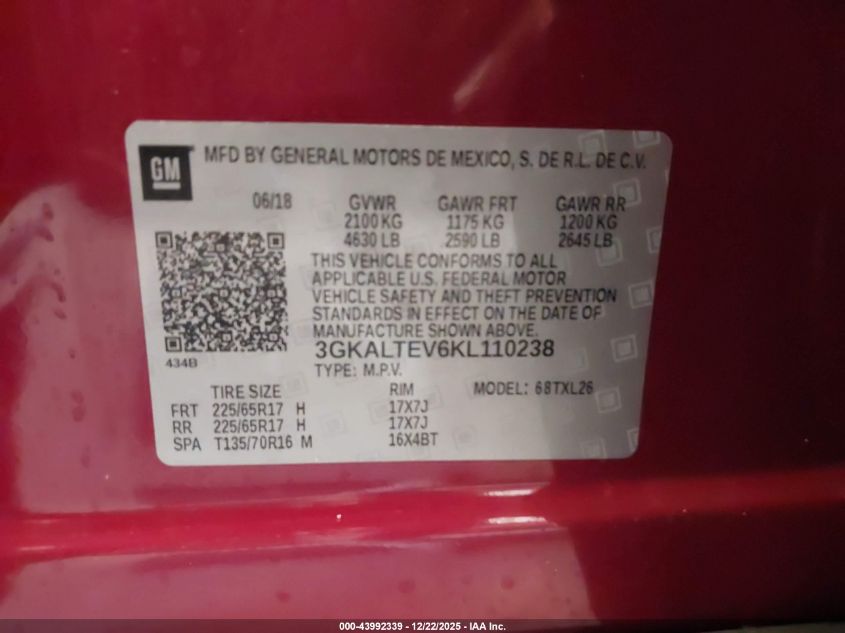 2019 GMC Terrain Sle VIN: 3GKALPEV6KL110238 Lot: 43992339