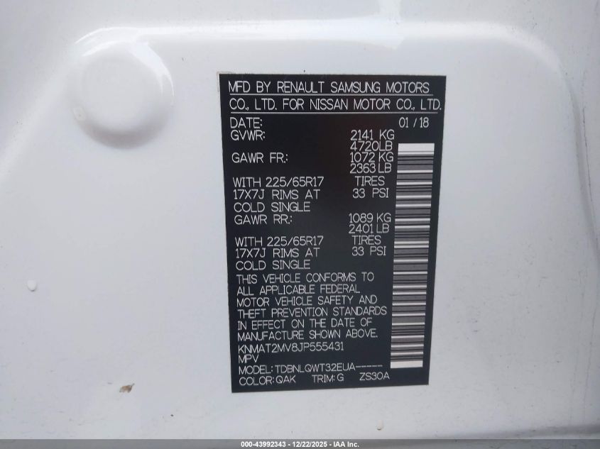 2018 Nissan Rogue Sv VIN: KNMAT2MV8JP555431 Lot: 43992343