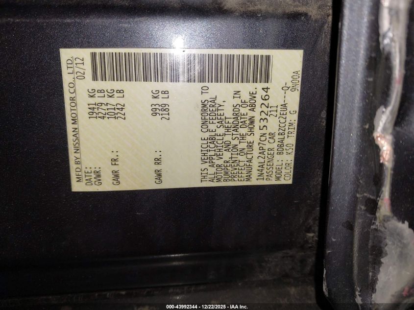2012 Nissan Altima 2.5 S VIN: 1N4AL2AP7CN532264 Lot: 43992344
