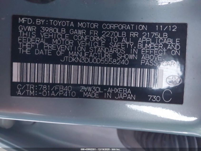 2013 Toyota Prius Two VIN: JTDKN3DU0D5558240 Lot: 43992351