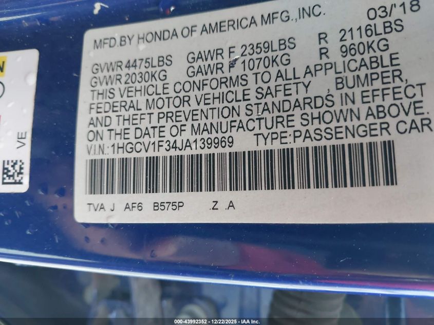 2018 Honda Accord Sport VIN: 1HGCV1F34JA139969 Lot: 43992352
