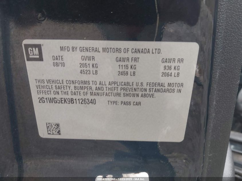 2011 Chevrolet Impala Lt VIN: 2G1WG5EK9B1126340 Lot: 43992353
